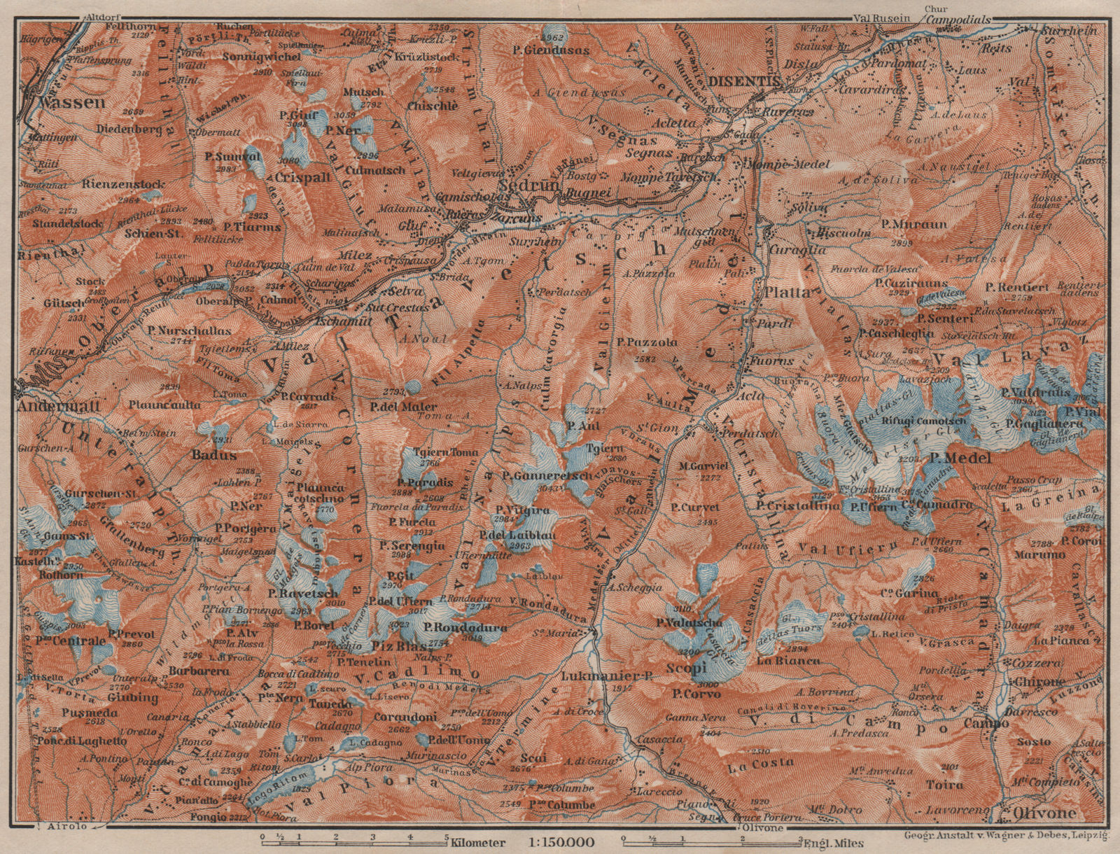 VAL TAVETSCH/MEDEL. Andermatt Disentis Sedrun Wassen Piz Medel. Topo-map 1911